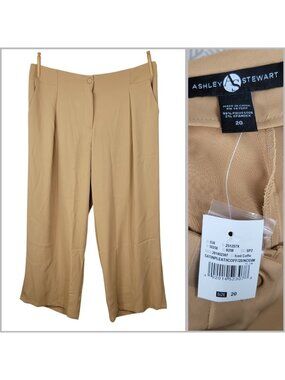 NEW Ashley Stewart Plus 20 Dress Pants Trousers Tan Brown Wide leg Pleat Career